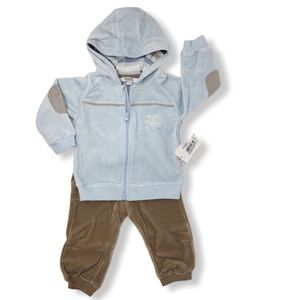 Kanz Baby Boys 3pc Velour Blue and Tan Tracksuit (hoodie, pants, shirt) Outfit
